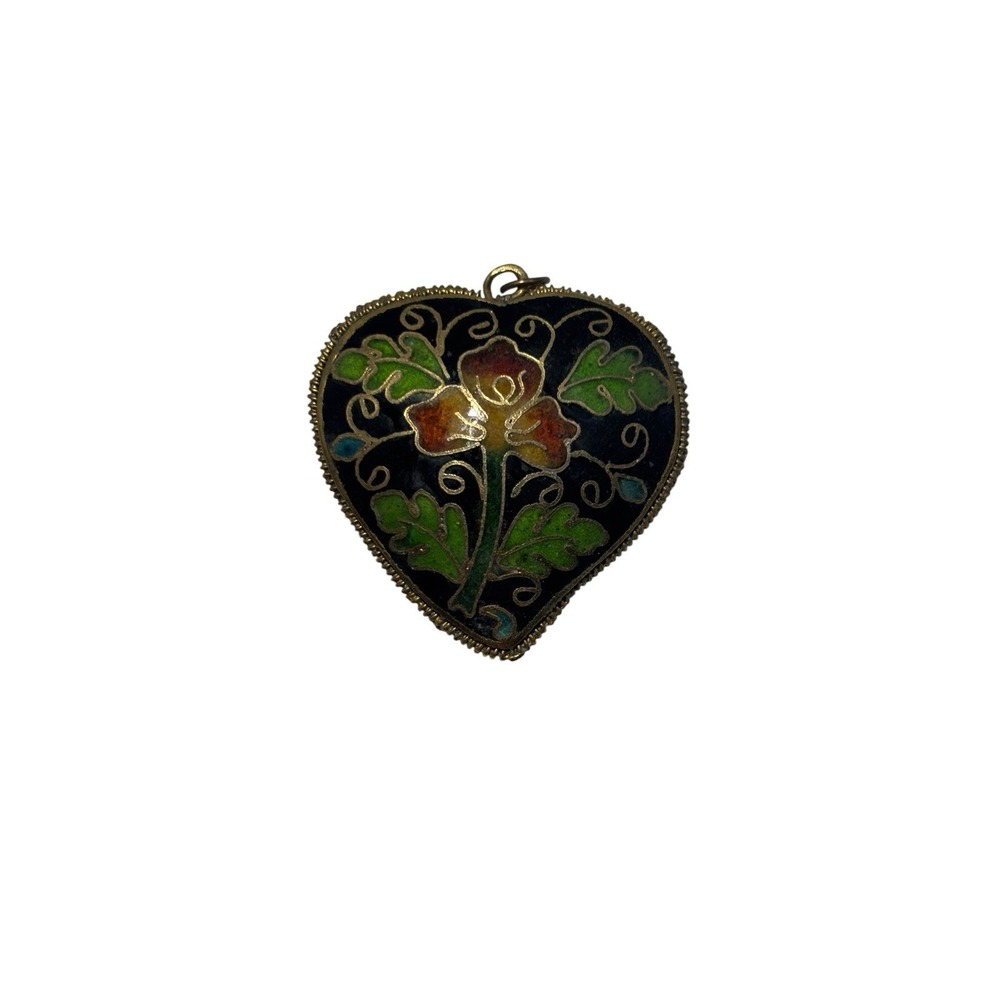 Vintage Gold Tone Cloisonne Enamel Floral Pattern Puffy Heart Pendant